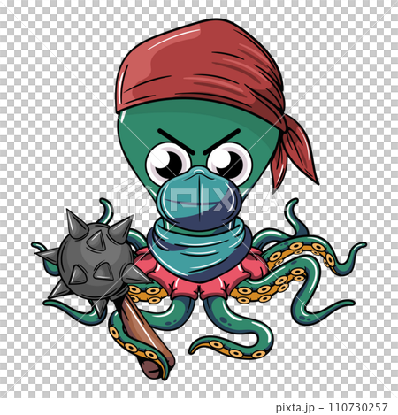 Octopus cartoon comic gangster with a red bandana, wearing a face mask and a war mace on his tentacle with annoyed expression. Illustration for fantasy, science fiction and adventure comics 110730257