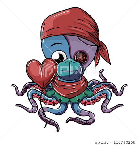 Comic cartoon octopus with red bandana, a face mask and a heart balloon in his robotic tentacle for Valentine's Day. Illustration for fantasy, science fiction and adventure comics 110730259