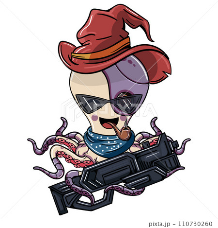 Octopus cartoon comic cyborg with a red witch hat, smoking a pipe with glasses and a futuristic weapon in his robotic tentacle. Illustration for fantasy, science fiction and adventure comics 110730260