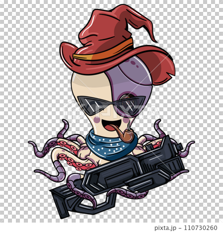 Octopus cartoon comic cyborg with a red witch hat, smoking a pipe with glasses and a futuristic weapon in his robotic tentacle. Illustration for fantasy, science fiction and adventure comics Octopus cartoon comic cyborg with a red witch hat, smoking a pipe with glasses and a futuristic weapon in his robotic tentacle. Illustration for fantasy, science fiction and adventure comics 110730260