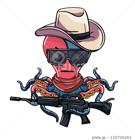 Octopus cartoon comic cyborg with an old west cowboy hat, with glasses and a machine gun in his robotic tentacle. Illustration for fantasy, science fiction and adventure comics 110730261