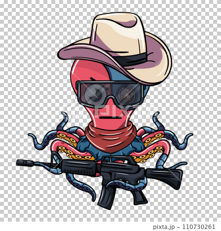 Octopus cartoon comic cyborg with an old west cowboy hat, with glasses and a machine gun in his robotic tentacle. Illustration for fantasy, science fiction and adventure comics Octopus cartoon comic cyborg with an old west cowboy hat, with glasses and a machine gun in his robotic tentacle. Illustration for fantasy, science fiction and adventure comics 110730261