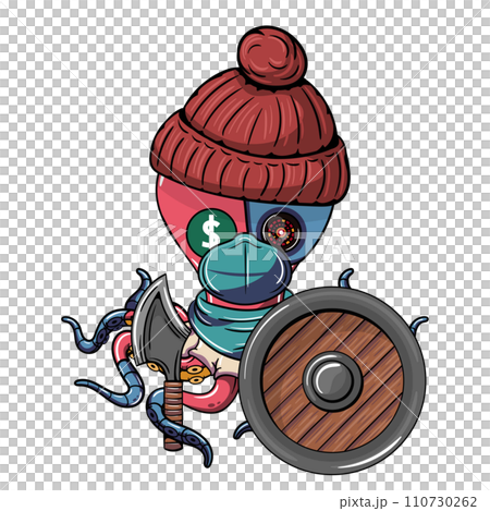 Octopus cartoon comic cyborg with a red wool beanie with face mask, an ax and a shield on his robotic tentacle. Illustration for fantasy, science fiction and adventure comics Octopus cartoon comic cyborg with a red wool beanie with face mask, an ax and a shield on his robotic tentacle. Illustration for fantasy, science fiction and adventure comics 110730262