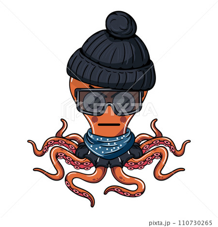Octopus cartoon comic gangster with a black wool beanie and dark glasses angry. Illustration for fantasy, science fiction and adventure comics 110730265