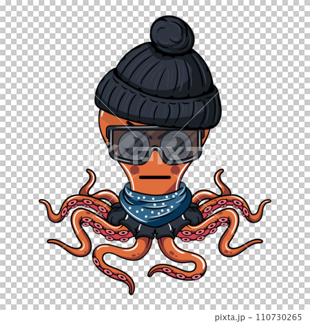 Octopus cartoon comic gangster with a black wool beanie and dark glasses angry. Illustration for fantasy, science fiction and adventure comics 110730265