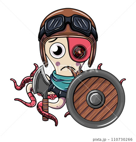 Octopus cartoon cyborg comic aircraft pilot smoking a pipe with an ax and shield in his robotic tentacle. Illustration for fantasy, science fiction and adventure comics 110730266
