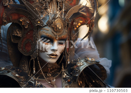 Elegant Person in Vibrant Carnival Costume and Mask at Venice Festival 110730503
