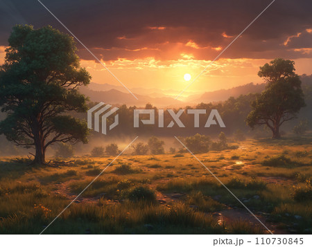Serene sunset: trees, grass, and clouds 110730845