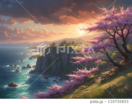 Rocky coastline at sunset with blooming tree 110730853