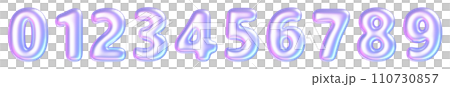 Holographic balloon number. 3D render illustration set of cartoon purple and pink gradient chrome glossy inflatable numbers for creating sale discount or birthday and anniversary congratulation text. 110730857