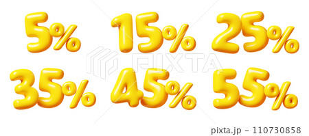 Balloon number with percent sign for sale concept. 3d render illustration set of yellow plastic glossy discount typography. Cartoon bubble element percentage off for special offer promotion. 110730858