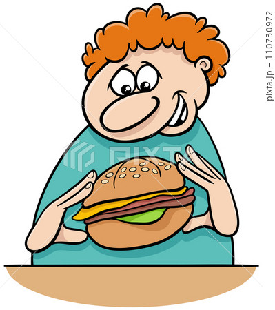 cartoon man character eating a cheeseburger cartoon man character eating a cheeseburger 110730972