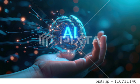 AI digital brain on human hand, shiny abstract artificial intelligence on dark blue background. Futuristic technology and future. Concept of data, tech, innovation, research 110731140