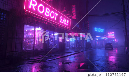 Neon store sign of Robot Sale on dark city street in rain at night, gloomy deserted buildings with purple and blue light. Concept of dystopia, cyberpunk, anime, technology and future 110731147