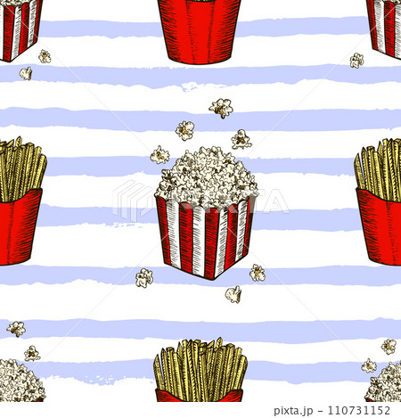 Pop corn and french fries hand drawn seamless pattern. Fast food sketch vector background. Food textile, fabrics and wallpaper seamless texture. 110731152