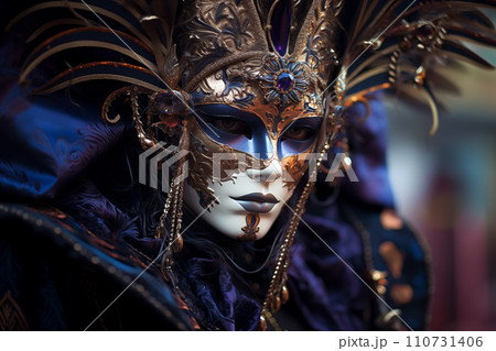 Elegant Person in Vibrant Carnival Costume and Mask at Venice Festival Elegant Person in Vibrant Carnival Costume and Mask at Venice Festival 110731406