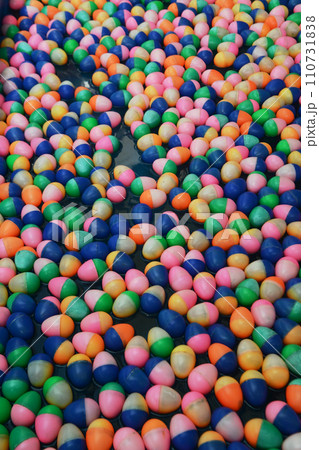 Texture and background of Lucky plastic balls for playing games of chance to find the lucky winner and win prizes. 110731838