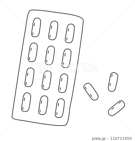 Tablets, lozenges or pills in blister package, cold and flu treatment, doodle flat vector outline 110731950