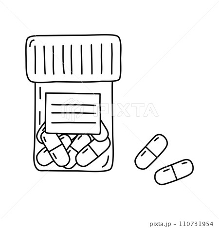 Medicine pills in plastic container or jar with label, doodle style vector outline for coloring book 110731954