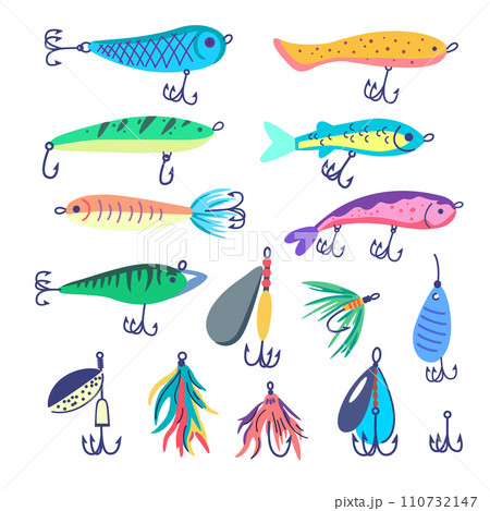 Collection of fishing baits. Various types of fishing lure with floating and hook isolated on white background. Colorful vector illustration. 110732147