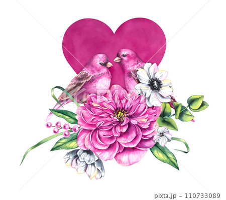 Watercolor Valentines day bouquet with bouquets of flowers, birds and flowers isolated on white Watercolor Valentines day bouquet with bouquets of flowers, birds and flowers isolated on white 110733089