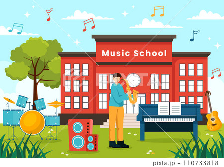 Music School Vector Illustration with Playing Various Musical Instruments, Learning Education Musicians and Singers in Flat Kids Cartoon Background 110733818
