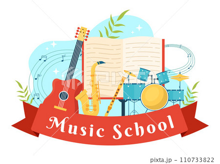 Music School Vector Illustration with Playing Various Musical Instruments, Learning Education Musicians and Singers in Flat Kids Cartoon Background Music School Vector Illustration with Playing Various Musical Instruments, Learning Education Musicians and Singers in Flat Kids Cartoon Background 110733822