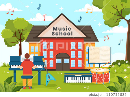Music School Vector Illustration with Playing Various Musical Instruments, Learning Education Musicians and Singers in Flat Kids Cartoon Background Music School Vector Illustration with Playing Various Musical Instruments, Learning Education Musicians and Singers in Flat Kids Cartoon Background 110733823