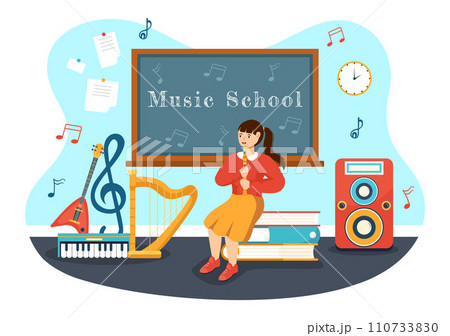 Music School Vector Illustration with Playing Various Musical Instruments, Learning Education Musicians and Singers in Flat Kids Cartoon Background Music School Vector Illustration with Playing Various Musical Instruments, Learning Education Musicians and Singers in Flat Kids Cartoon Background 110733830