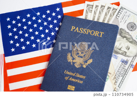 US passport with USA dollar money, American citizen in United States of America. US passport with USA dollar money, American citizen in United States of America. 110734905