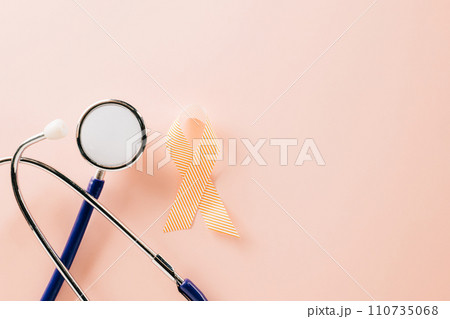 Pink awareness ribbon sign and stethoscope of International World Cancer Day campaign month on pastel pink background with copy space, concept of medical and health care support, 4 February Pink awareness ribbon sign and stethoscope of International World Cancer Day campaign month on pastel pink background with copy space, concept of medical and health care support, 4 February 110735068