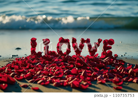 AI-generated content. romantic beach of love rose petals on the wide coastline pragma 110735753