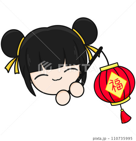 Chinese New Year, Cute Mascot Kid with Black Hair Holding Red Lantern and Cartoon illustration. Chinese New Year, Cute Mascot Kid with Black Hair Holding Red Lantern and Cartoon illustration. 110735995