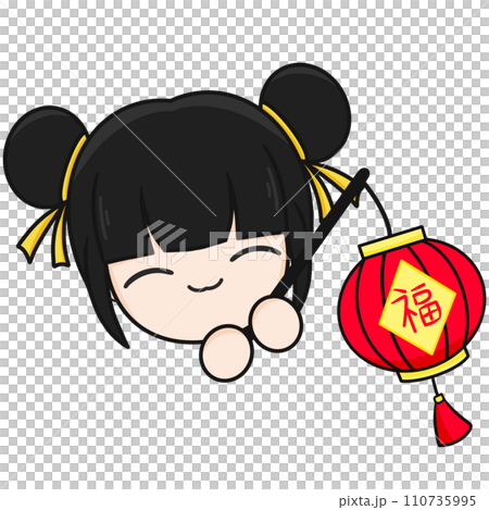 Chinese New Year, Cute Mascot Kid with Black Hair Holding Red Lantern and Cartoon illustration. Chinese New Year, Cute Mascot Kid with Black Hair Holding Red Lantern and Cartoon illustration. 110735995
