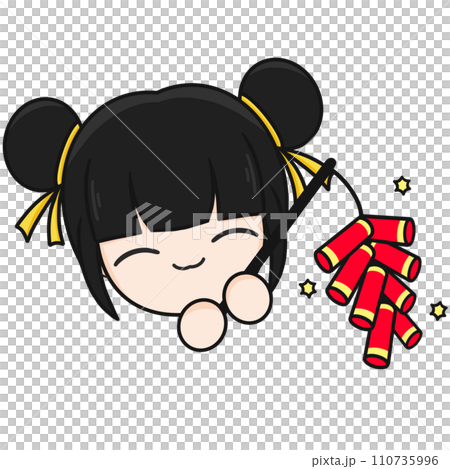 Chinese New Year, Cute Mascot Kid with Black Hair Holding Firecrackers, Fireworks, and Cartoon illustration. Chinese New Year, Cute Mascot Kid with Black Hair Holding Firecrackers, Fireworks, and Cartoon illustration. 110735996