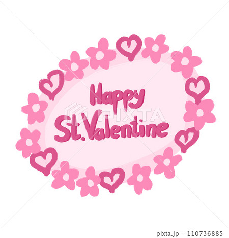 Hand drawn pink Valentine frame with hearts flowers. Round oval poster greeting, romantic love card invitation, St Valentines day art print, holiday celebration background. 110736885