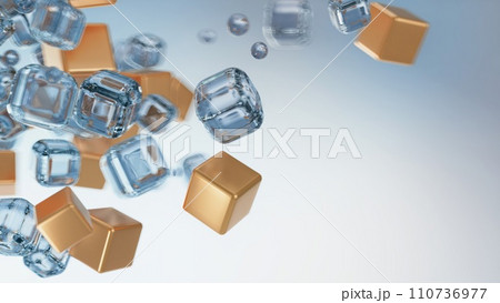 Moving cubes from glass and gold. Modern technology style. Soft focus. Bokeh effect. Abstract blurred background Moving cubes from glass and gold. Modern technology style. Soft focus. Bokeh effect. Abstract blurred background 110736977
