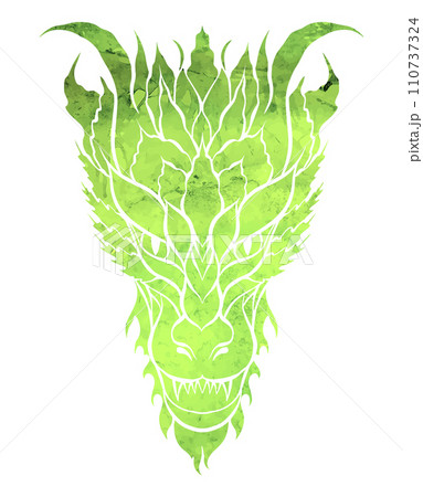 Vector green watercolor illustration of a silhouette dragon isolated from background. Fairy tale clipart of silhouette wyvern with dye sprays 110737324