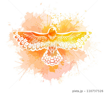 Vector illustration of a stylized bird with yellow watercolor splatters on a white background. Painting of the silhouette of phoenix with dye sprays. 110737326