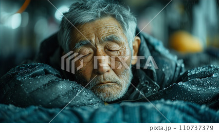 災害時に避難所で不安な一夜を過ごすアジア人高齢者 災害時に避難所で不安な一夜を過ごすアジア人高齢者 110737379
