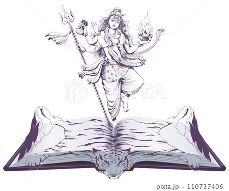 Shiva Indian multi armed god dance on tiger skin open book illustration religion 110737406
