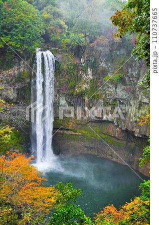 薄霧の中の紅葉の季節の熊本の山都町にある五老ヶ滝、縦 110737665