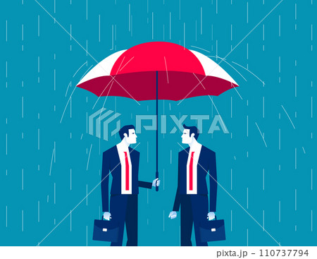 Leader cover from rain with partner show help. Business assistance vector illustration Leader cover from rain with partner show help. Business assistance vector illustration 110737794