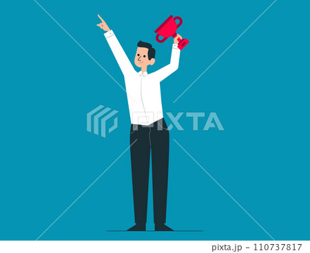 Young person with cup in hand celebrates success. Success factors vector concept Young person with cup in hand celebrates success. Success factors vector concept 110737817