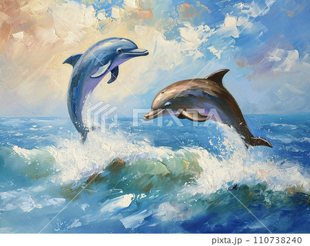 夏の海とジャンプするイルカのイラスト AI画像のイラスト素材