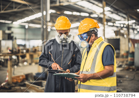 Toxic chemical gas leak safety team working cleaning in danger factory workshop environment contamination safety and protection 110738794