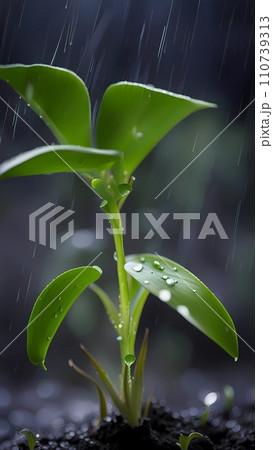 Close up of green leaves with water drops under rain fall 110739313