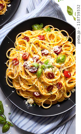 spaghetti carbonara with tomato sauce and cheese 110739332