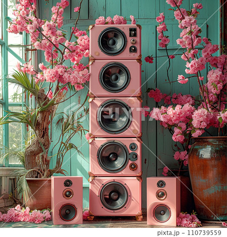 ピンク色のオーディオ スピーカー 音響 桜 花見 ピンク色のオーディオ スピーカー 音響 桜 花見 110739559
