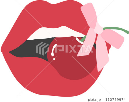 Coquette Aesthetic Red Lips with cherries - stylish flat design illustration Coquette Aesthetic Red Lips with cherries - stylish flat design illustration 110739974